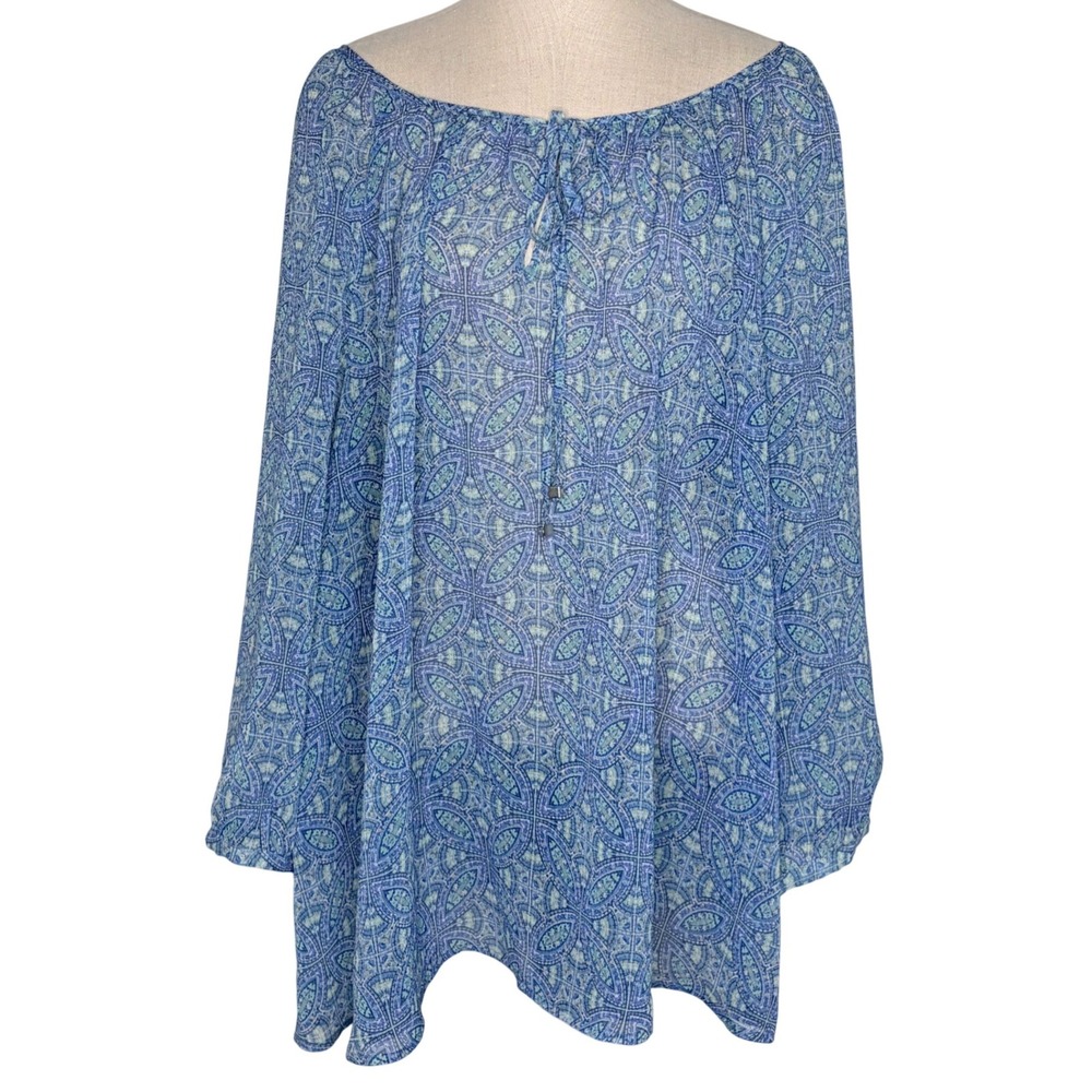 a.n.a A New Approach Blouse 2X Blue Geometric Boho‎ Tie Neck Long Sleeve Peasant